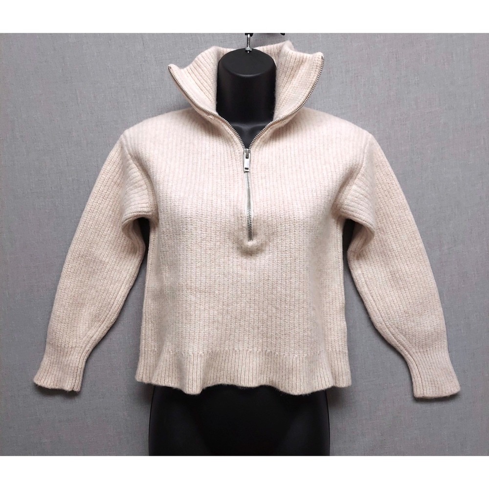 Everlane Womens Wool Sweater Beige Half Zip Mock Neck Cropped Quiet Luxury S